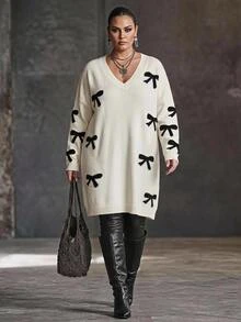 SHEIN CURVE+ Plus Size Women's Bow Pattern Round Neck Drop Shoulder Long Sleeve Casual Knit Dress, Autumn/Winter Bow Dress - White - View 4