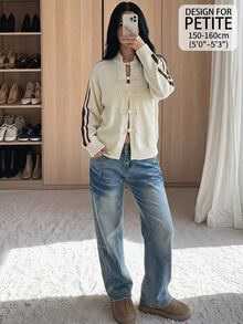 SHEIN PETITE New Chinese Style Frog Button Cardigan Jacket, Chinese Stand Collar Long Sleeve Knit Sweater - Apricot - View 1