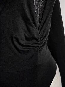 SHEIN ICON Women's Plus Size Autumn/Winter Retro Sexy Everyday Casual Urban Modern Elegant Deep V-Neck Lace Patchwork Gathered Black Slim Fit Bodysuit - Black - View 7