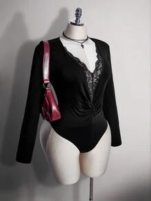 SHEIN ICON Women's Plus Size Autumn/Winter Retro Sexy Everyday Casual Urban Modern Elegant Deep V-Neck Lace Patchwork Gathered Black Slim Fit Bodysuit - Black - View 1