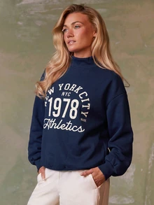 Athîral Women's Loose Fit Retro Graphic Navy Blue Sport Sweatshirt For Fall,Cotton Blend Fleece,Casual,Gym,Sportswear,Going Out - Navy Blue - View 5