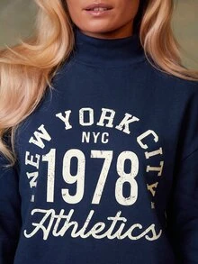 Athîral Women's Loose Fit Retro Graphic Navy Blue Sport Sweatshirt For Fall,Cotton Blend Fleece,Casual,Gym,Sportswear,Going Out - Navy Blue - View 3