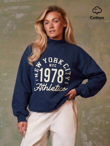 Athîral Women's Loose Fit Retro Graphic Navy Blue Sport Sweatshirt For Fall,Cotton Blend Fleece,Casual,Gym,Sportswear,Going Out - Navy Blue - View 1