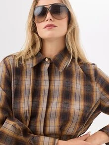 KÆRIA Hus Long Sleeve Belted Midi Shirt Dress - Peached Shirting - Brown Plaid , Button Up, Western - Brown - View 7