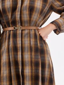 KÆRIA Hus Long Sleeve Belted Midi Shirt Dress - Peached Shirting - Brown Plaid , Button Up, Western - Brown - View 8