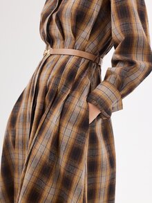 KÆRIA Hus Long Sleeve Belted Midi Shirt Dress - Peached Shirting - Brown Plaid , Button Up, Western - Brown - View 6