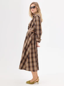 KÆRIA Hus Long Sleeve Belted Midi Shirt Dress - Peached Shirting - Brown Plaid , Button Up, Western - Brown - View 4