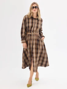 KÆRIA Hus Long Sleeve Belted Midi Shirt Dress - Peached Shirting - Brown Plaid , Button Up, Western - Brown - View 5