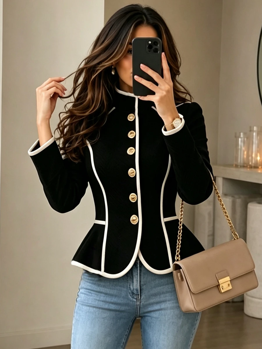 Yalmera Women's Autumn/Winter New Elegant Commute Waist-Cinching Contrast Trim Jacket - Black - View 1