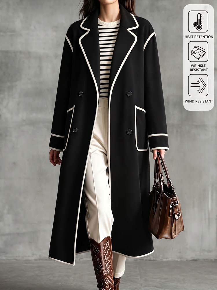LUMIGAL Women's Autumn/Winter Lapel Neck Long Sleeve Trimmed Casual Overcoat - Black and White - View 9