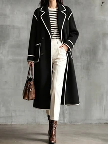 LUMIGAL Women's Autumn/Winter Lapel Neck Long Sleeve Trimmed Casual Overcoat - Black and White - View 10