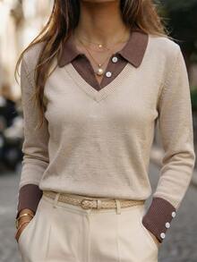 Breezaya 2 In 1 Collar Polo Knit Base Layer Sweater - Khaki - View 2
