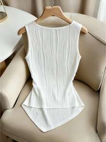 SHEIN 女款純白色無袖V領背心上衣，時尚優雅極簡基本款，夏季日常穿著，針織面料，不對稱波浪下擺，彈性側邊，適合日間 - 白色 - 查看 2