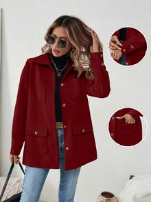 SHEIN PariChic Women's Solid Color Long Sleeve Casual Shirt Style Multi-Pocket Jacket, Autumn - Burgundy - View 3