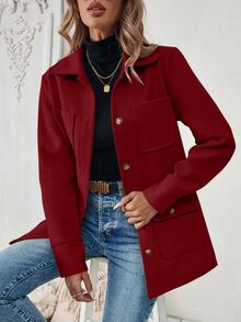 SHEIN PariChic Women's Solid Color Long Sleeve Casual Shirt Style Multi-Pocket Jacket, Autumn - Burgundy - View 4