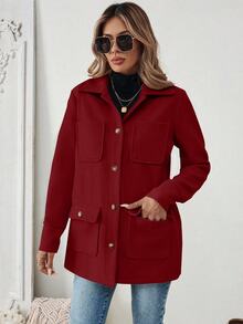 SHEIN PariChic Women's Solid Color Long Sleeve Casual Shirt Style Multi-Pocket Jacket, Autumn - Burgundy - View 7