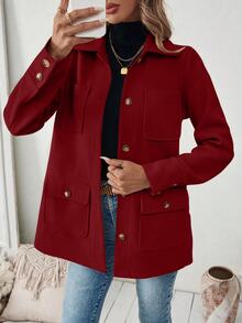 SHEIN PariChic Women's Solid Color Long Sleeve Casual Shirt Style Multi-Pocket Jacket, Autumn - Burgundy - View 6