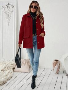 SHEIN PariChic Women's Solid Color Long Sleeve Casual Shirt Style Multi-Pocket Jacket, Autumn - Burgundy - View 5