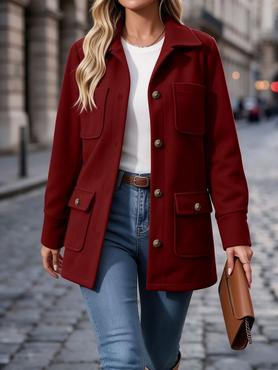 SHEIN PariChic Women's Solid Color Long Sleeve Casual Shirt Style Multi-Pocket Jacket, Autumn - Burgundy - View 1