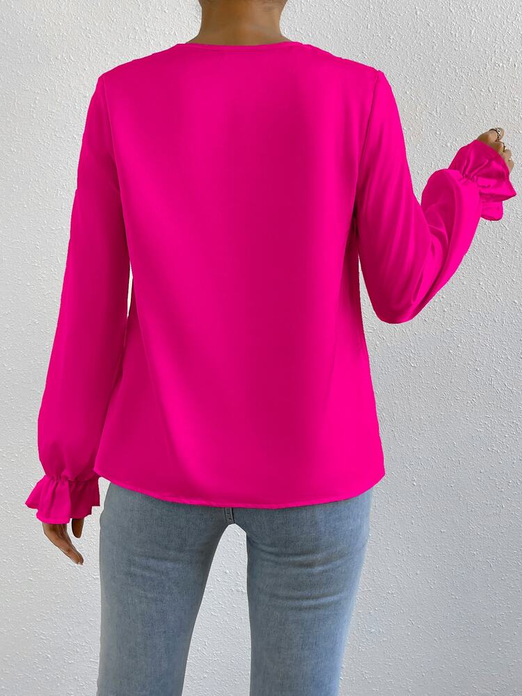 SHEIN Draped Front Flounce Sleeve Satin Blouse,Long Sleeve Tops Fall Cloth For Women - Hot Pink - View 2