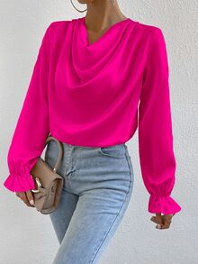SHEIN Draped Front Flounce Sleeve Satin Blouse,Long Sleeve Tops Fall Cloth For Women - Hot Pink - View 4