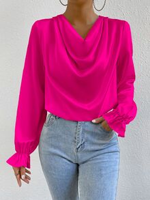 SHEIN Draped Front Flounce Sleeve Satin Blouse,Long Sleeve Tops Fall Cloth For Women - Hot Pink - View 6