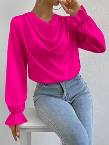 SHEIN Draped Front Flounce Sleeve Satin Blouse,Long Sleeve Tops Fall Cloth For Women - Hot Pink - View 8