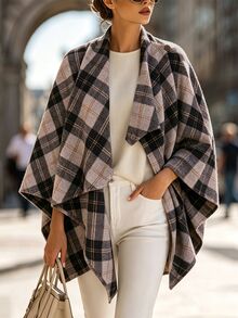 SHEIN Autumn/Winter British Style Casual Vintage Dark Academia Elegant Plaid Cape Coat Ruched Collar Button Decor Loose Shawl Jacket Everyday Travel Grey - Coffee Brown - View 1