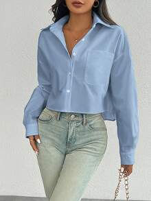 SHEIN LUNE Random Floral Print Long Sleeve Shirt With Collar & Chest Pocket,Long Sleeve Tops Fall Cloth For Women - Blue - View 4