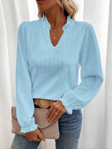 EMERY ROSE Solid Color V-Neck Elegant Long Sleeve Blouse, Random Floral Patterns Fall Cloth For Women - Baby Blue - View 5