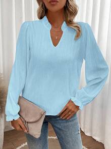 EMERY ROSE Solid Color V-Neck Elegant Long Sleeve Blouse, Random Floral Patterns Fall Cloth For Women - Baby Blue - View 7