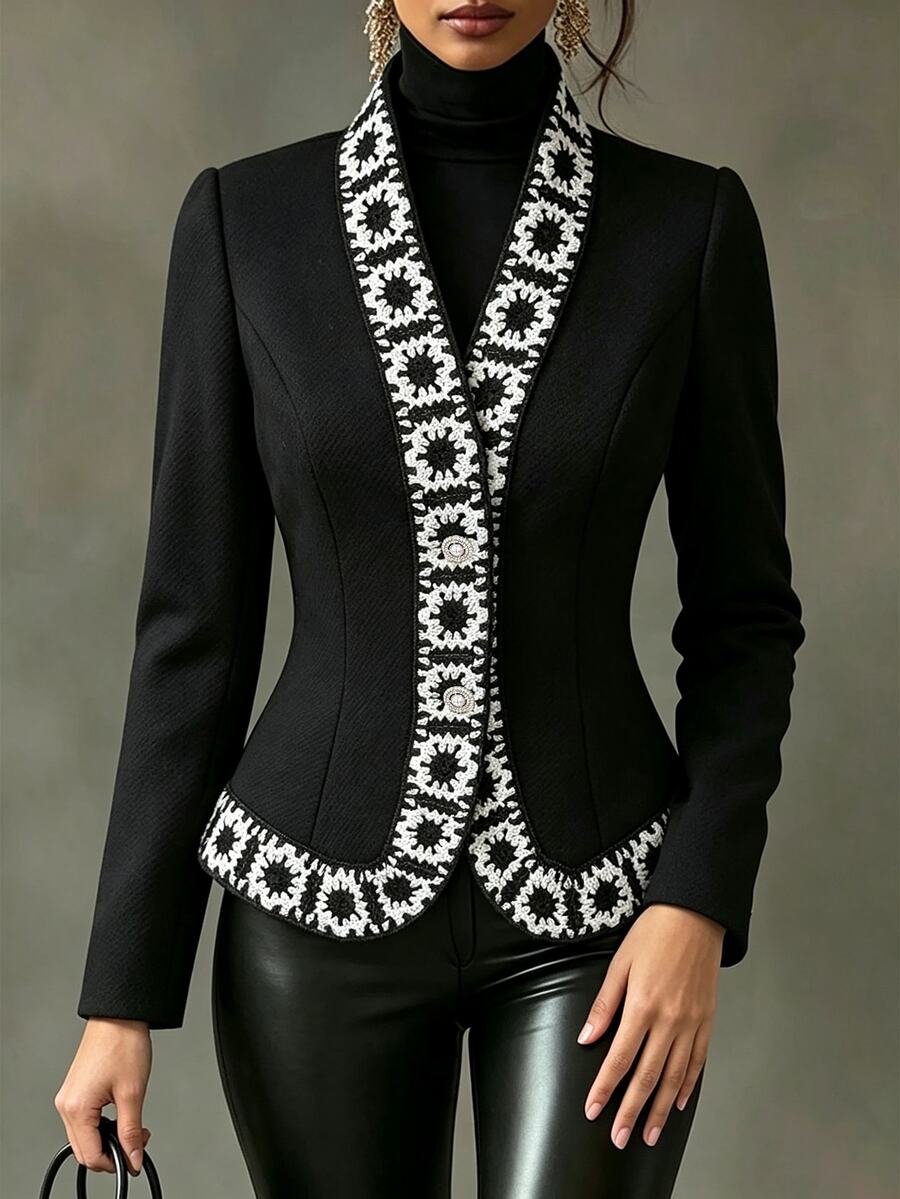 SHEIN Women's French Style Contrast Color Lace Trim V Neck Waist-Cinching Fitted Long Sleeve Jacket - Black - View 1