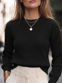Franclia Women's Casual Everyday Commute Simple Solid Color Drop Shoulder Loose Pullover Sweater, Autumn/Winter - Black - View 3
