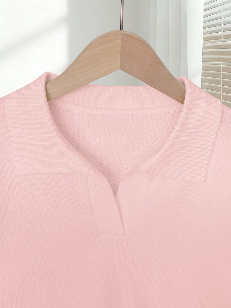 SHEIN Women's Spring/Summer White Simple Casual Turndown Collar Raglan Short Sleeve Solid Color Fitted Knit Top Solid Color Tops Pink Blouses Baby Pink Tops - Baby Pink - View 4