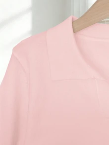 SHEIN Women's Spring/Summer White Simple Casual Turndown Collar Raglan Short Sleeve Solid Color Fitted Knit Top Solid Color Tops Pink Blouses Baby Pink Tops - Baby Pink - View 5