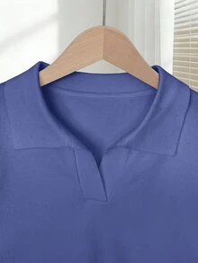 Franclia 女款春夏玉米花藍色極簡休閒日常領口正肩短袖純色修身針織上衣 教師節辦公穿搭 - 藍色 - 查看 4