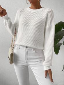 EMERY ROSE Women's White Solid Color Textured Knit Loose Pullover Sweater,Autumn Casual Minimalist Everyday Versatile Ribbed Balloon Sleeve Knit Top Brunch - Beige - View 6