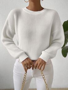EMERY ROSE Women's White Solid Color Textured Knit Loose Pullover Sweater,Autumn Casual Minimalist Everyday Versatile Ribbed Balloon Sleeve Knit Top Brunch - Beige - View 7