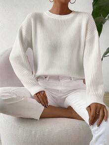 EMERY ROSE Women's White Solid Color Textured Knit Loose Pullover Sweater,Autumn Casual Minimalist Everyday Versatile Ribbed Balloon Sleeve Knit Top Brunch - Beige - View 5