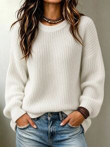 EMERY ROSE Women's White Solid Color Textured Knit Loose Pullover Sweater,Autumn Casual Minimalist Everyday Versatile Ribbed Balloon Sleeve Knit Top Brunch - Beige - View 2