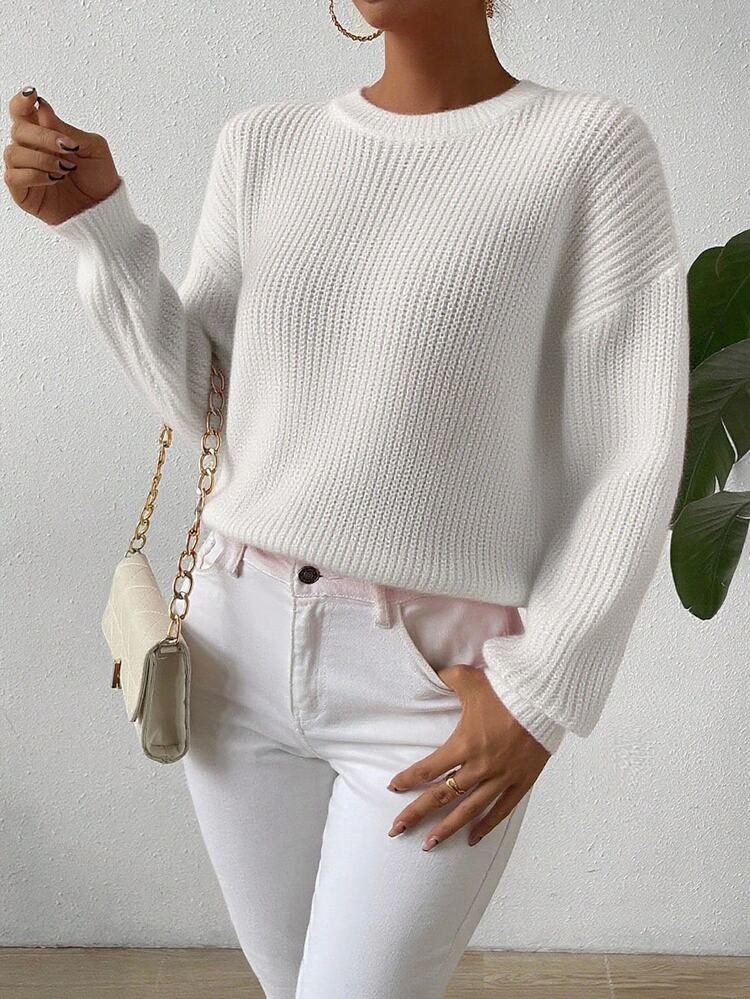 EMERY ROSE Women's White Solid Color Textured Knit Loose Pullover Sweater,Autumn Casual Minimalist Everyday Versatile Ribbed Balloon Sleeve Knit Top Brunch - Beige - View 4