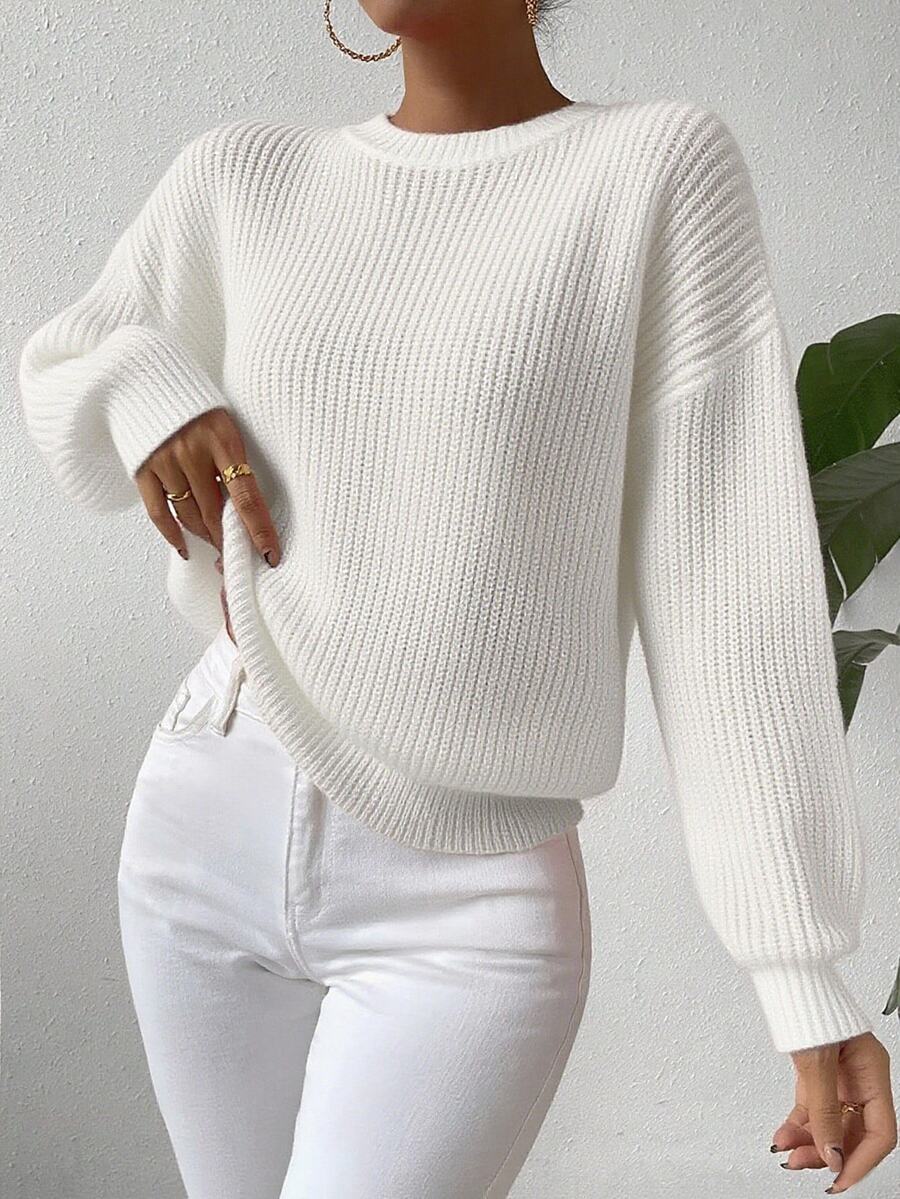 EMERY ROSE Women's White Solid Color Textured Knit Loose Pullover Sweater,Autumn Casual Minimalist Everyday Versatile Ribbed Balloon Sleeve Knit Top Brunch - Beige - View 1