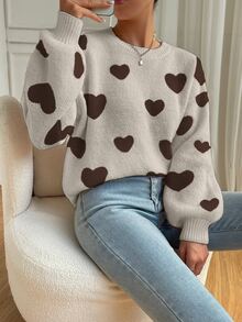 EMERY ROSE Heart Pattern Dropped Shoulder Sweater, Casual For Autumn/Winter - Multicolor - View 5