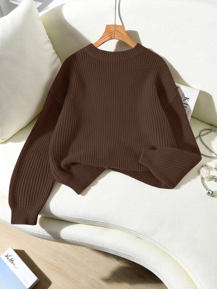 Franclia Sweater Pullover Wanita Kasual Warna Polos dengan Kerah Bulat, Musim Gugur/Dingin - Coffee Brown - View 1