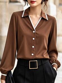 SHEIN Franclia Contrast Color Casual Outdoor Shirt, Minimalist Casual, Outdoor, Commute - Brown - View 7