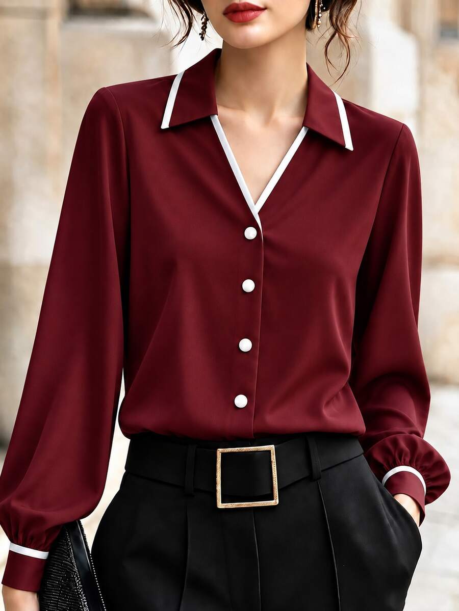 SHEIN Women's Colorblock Casual Versatile Daily Wear Shirt - Burgundy - View 1