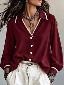 SHEIN Women's Colorblock Casual Versatile Daily Wear Shirt - Burgundy - View 8