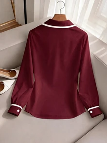 SHEIN Women's Colorblock Casual Versatile Daily Wear Shirt - Burgundy - View 2