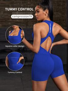 Solea Cove Solea Cove Spring/Summer One-Piece Sports Jumpsuit With Back Cut-Out Details, Neck Strap And Letter Print - Blue - View 5