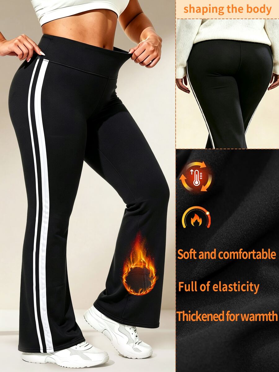 SHEIN Rhythm Era Plus Size Autumn/Winter Thermal Lined Thickened Colorblock Striped Patchwork Sports Long Pants - Black - View 1